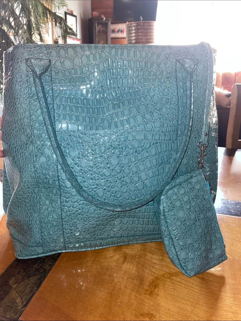 PAMELA MCCOY AWUA Blue Croc-Embossed Tote Bag - 18” X 15”